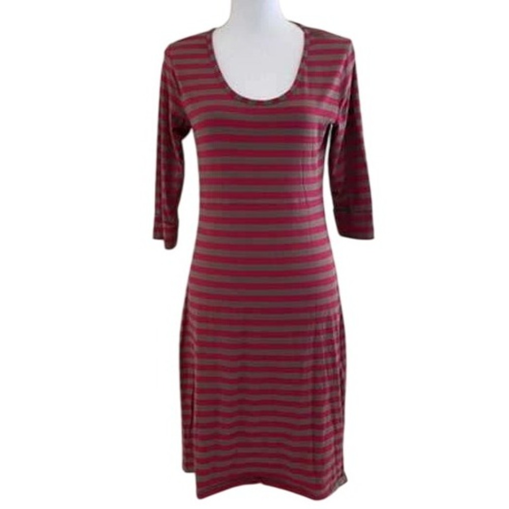 HORNY TOAD M Keyboard Dress Driftwood‎ Stripe Red Brown Knit High Low Hem